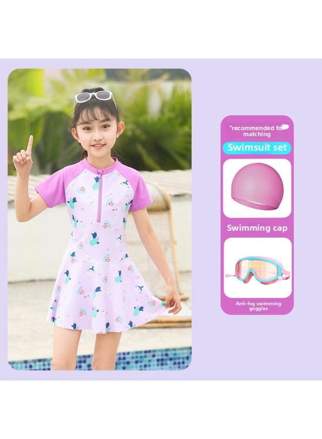 Loquat Children's Swimwear Girls' Western-style Dress Split Boxers Swimwear Girls' Training Special Swimsuit-Color:Purple {clothing Cap Anti-fog Goggles}- - Image 1