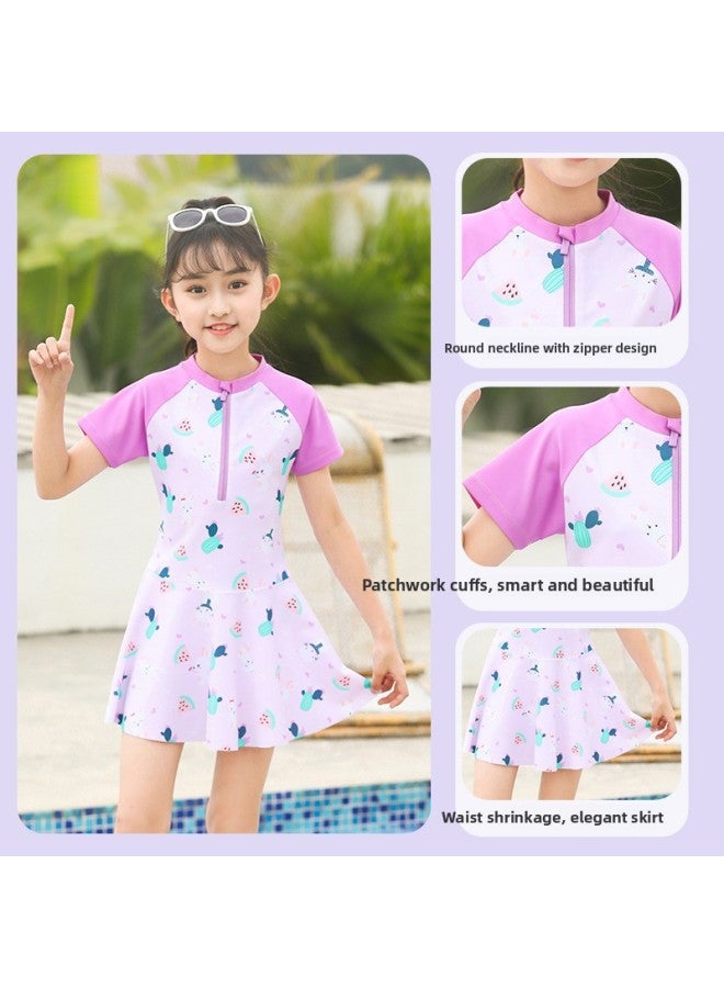 Loquat Children's Swimwear Girls' Western-style Dress Split Boxers Swimwear Girls' Training Special Swimsuit-Color:Purple {clothing Cap Anti-fog Goggles}- - Image 4