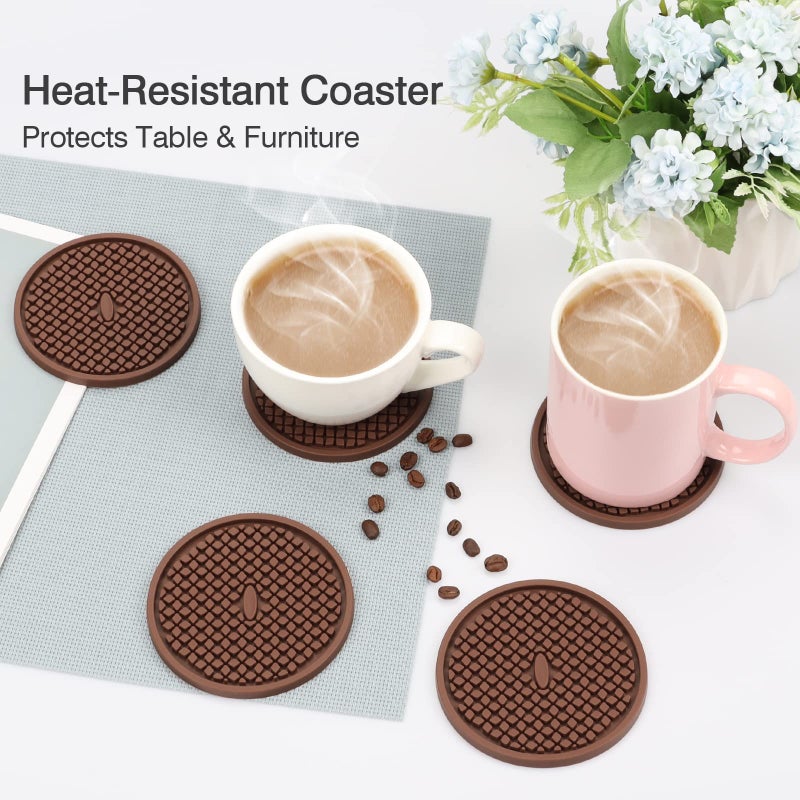 CAETOUNG 3 Pack Silicone Coasters for Drinks  Thickened Coasters with Deep Tray Grooved Design Cup Mat  Washable Heat Resistant Durable Non-Slip Coasters for Coffee Table Wooden Desk Kitchen Bar (Brown) - Image 5