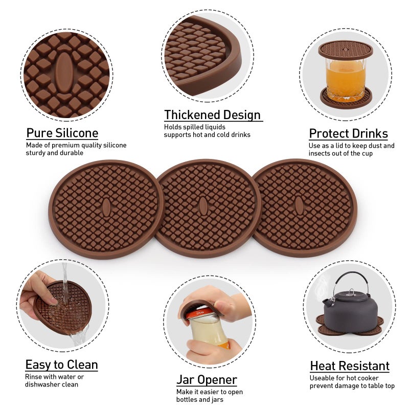 CAETOUNG 3 Pack Silicone Coasters for Drinks  Thickened Coasters with Deep Tray Grooved Design Cup Mat  Washable Heat Resistant Durable Non-Slip Coasters for Coffee Table Wooden Desk Kitchen Bar (Brown) - Image 3