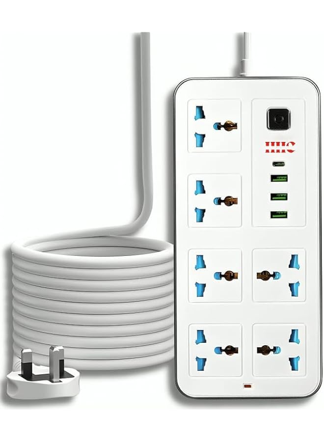 PROMASS Universal Extension Lead with USB Port 6-Way Socket 3 USB+Type-C 2M Cable Cord UK Plug Power Strip with multiple Function, Power Socket Surge Protector Electric Socket Strip for Office Home Kitchen - Image 1