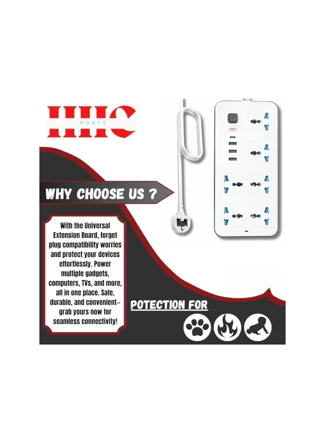 PROMASS Universal Extension Lead with USB Port 6-Way Socket 3 USB+Type-C 2M Cable Cord UK Plug Power Strip with multiple Function, Power Socket Surge Protector Electric Socket Strip for Office Home Kitchen - Image 4