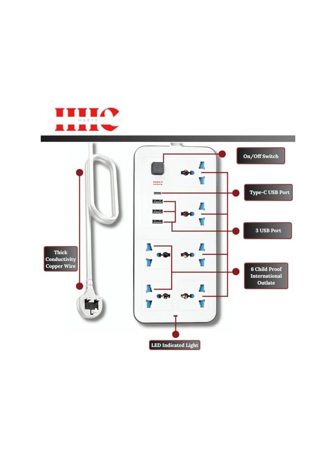 PROMASS Universal Extension Lead with USB Port 6-Way Socket 3 USB+Type-C 2M Cable Cord UK Plug Power Strip with multiple Function, Power Socket Surge Protector Electric Socket Strip for Office Home Kitchen - Image 3