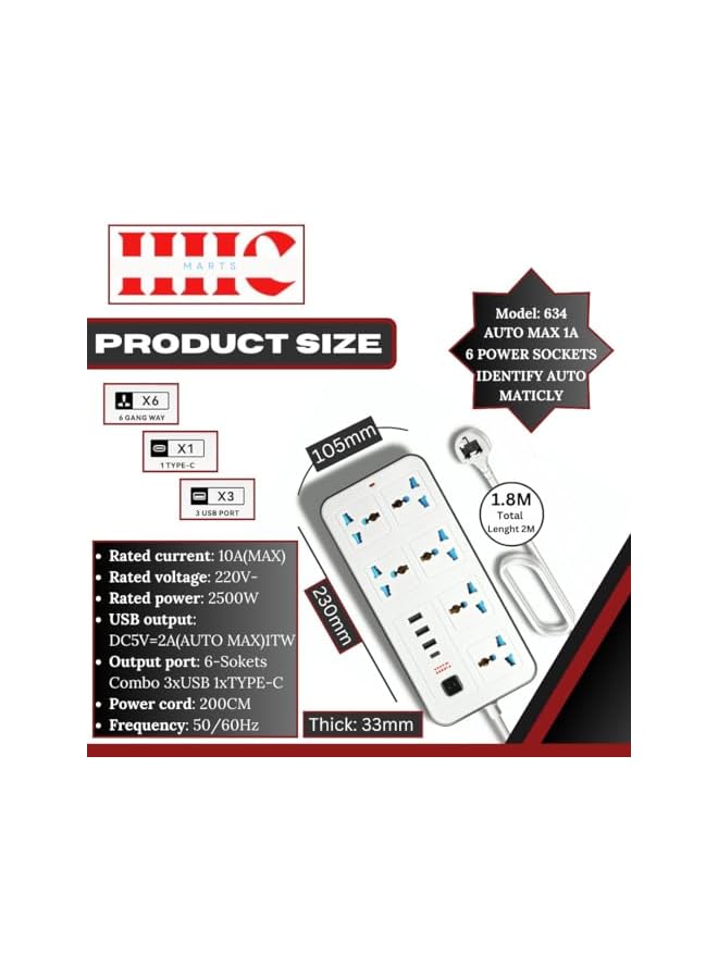 PROMASS Universal Extension Lead with USB Port 6-Way Socket 3 USB+Type-C 2M Cable Cord UK Plug Power Strip with multiple Function, Power Socket Surge Protector Electric Socket Strip for Office Home Kitchen - Image 2