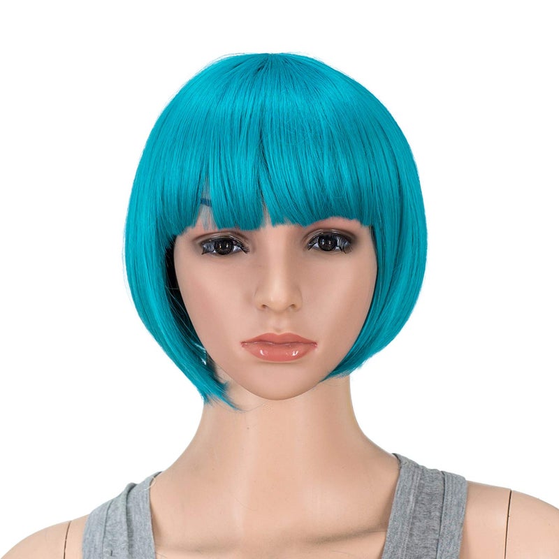 SWACC 10 Inch Short Straight Bob Wig with Bangs Synthetic Colorful Cosplay Daily Party Flapper Wig for Women with Wig Cap (Teal Blue)