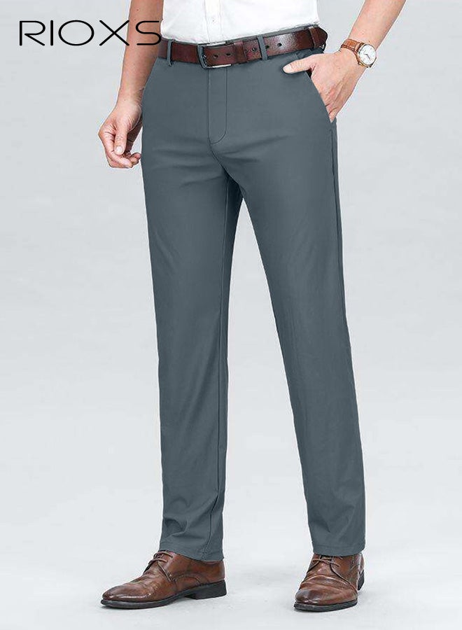 ريوكس بنطلونات رجالية رسمية، بنطلونات رجالية غير رسمية بقصة عادية، بنطلونات رجالية عمل مسطحة من الأمام ومريحة وخالية من التجاعيد مع جيوب، بنطلونات رسمية مريحة وقابلة للتمدد عند الخصر للعمل والاجتماعات والمواعيد الغرامية وحفلات التخرج والزفاف وغيرها، رمادي فاتح - Image 2