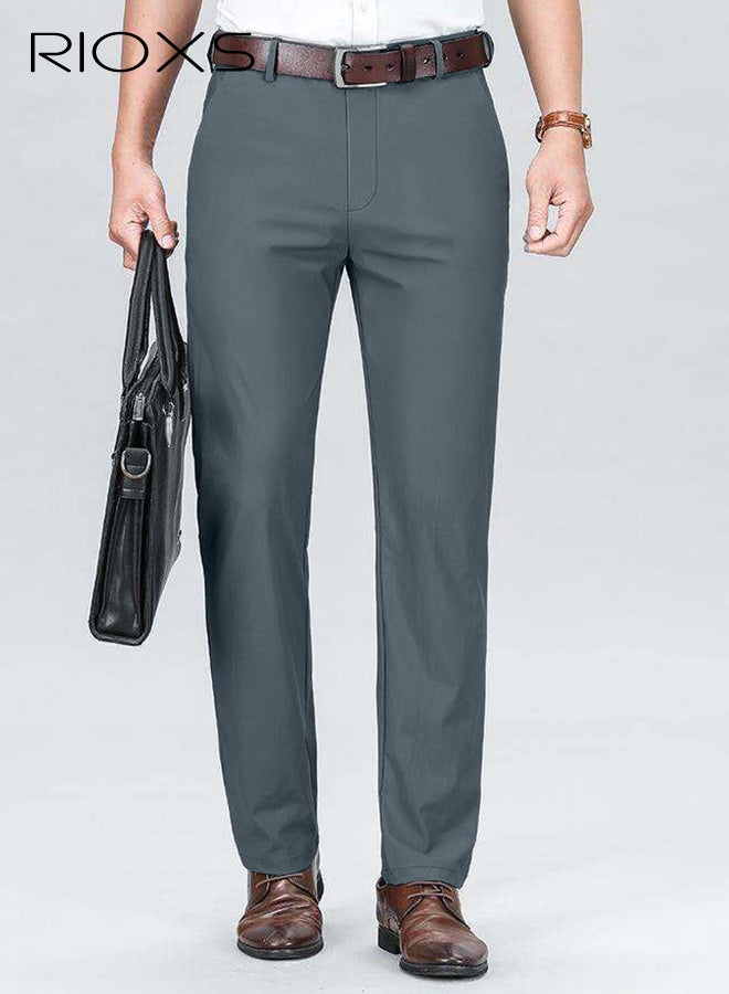ريوكس بنطلونات رجالية رسمية، بنطلونات رجالية غير رسمية بقصة عادية، بنطلونات رجالية عمل مسطحة من الأمام ومريحة وخالية من التجاعيد مع جيوب، بنطلونات رسمية مريحة وقابلة للتمدد عند الخصر للعمل والاجتماعات والمواعيد الغرامية وحفلات التخرج والزفاف وغيرها، رمادي فاتح - Image 1