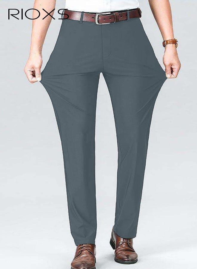 ريوكس بنطلونات رجالية رسمية، بنطلونات رجالية غير رسمية بقصة عادية، بنطلونات رجالية عمل مسطحة من الأمام ومريحة وخالية من التجاعيد مع جيوب، بنطلونات رسمية مريحة وقابلة للتمدد عند الخصر للعمل والاجتماعات والمواعيد الغرامية وحفلات التخرج والزفاف وغيرها، رمادي فاتح - Image 4