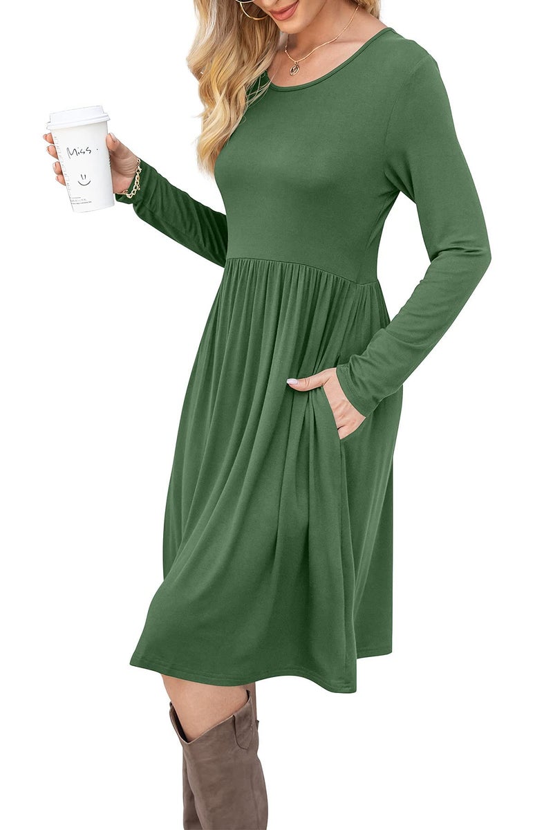 DB MOON Women Casual Long Sleeve Dresses Empire Waist Loose Dress with Pockets (Army Green, M) - Image 3
