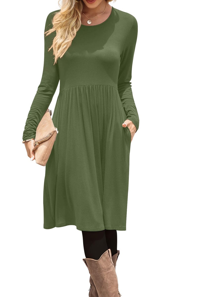 DB MOON Women Casual Long Sleeve Dresses Empire Waist Loose Dress with Pockets (Army Green, M) - Image 1
