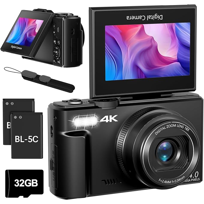 Maenlans 4K Cameras for Photography, 64MP Digital Vlogging Camera for YouTube | 3" 180 Flip Screen, Compact WiFi Camera with 18X Digital Zoom, Flash, 32GB Micro SD Card & 2 Batteries - Image 1