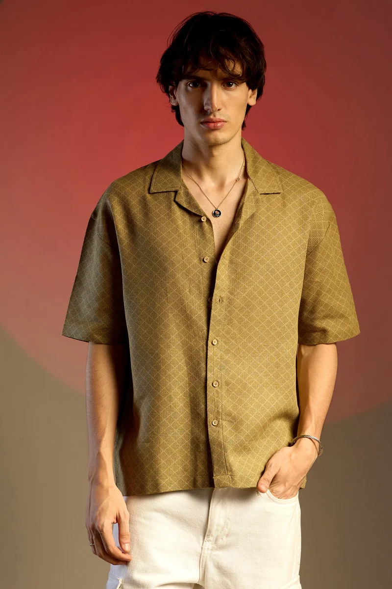 Campus Sutra Men's Olive Green Quad-Lined Oversized Shirt