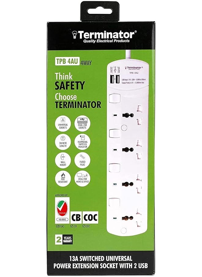 Terminator Terminator Power Extension 4 Socket 2 USB Charging Ports with 3 Meter Cable - TPB 4AU  - Image 1