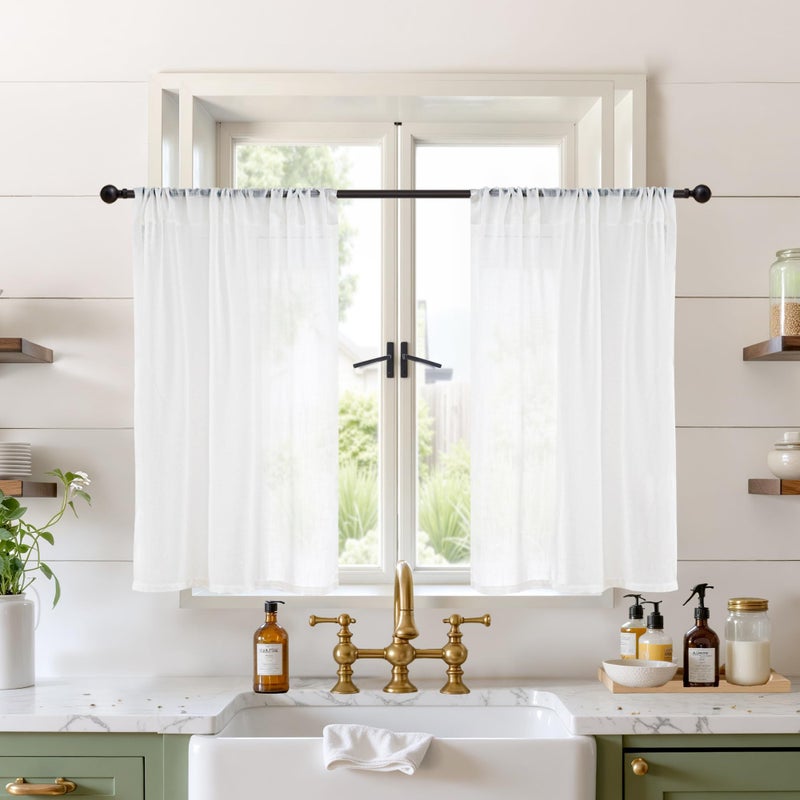 BGment White Linen Semi Sheer Curtains 36 Inch Length for Kitchen Cafe Window - Small Drapes Light Filtering with Rod Pocket Lightweight for Cafe Bathroom, 2 Panels Set, 30 X 36 Inch - Image 1