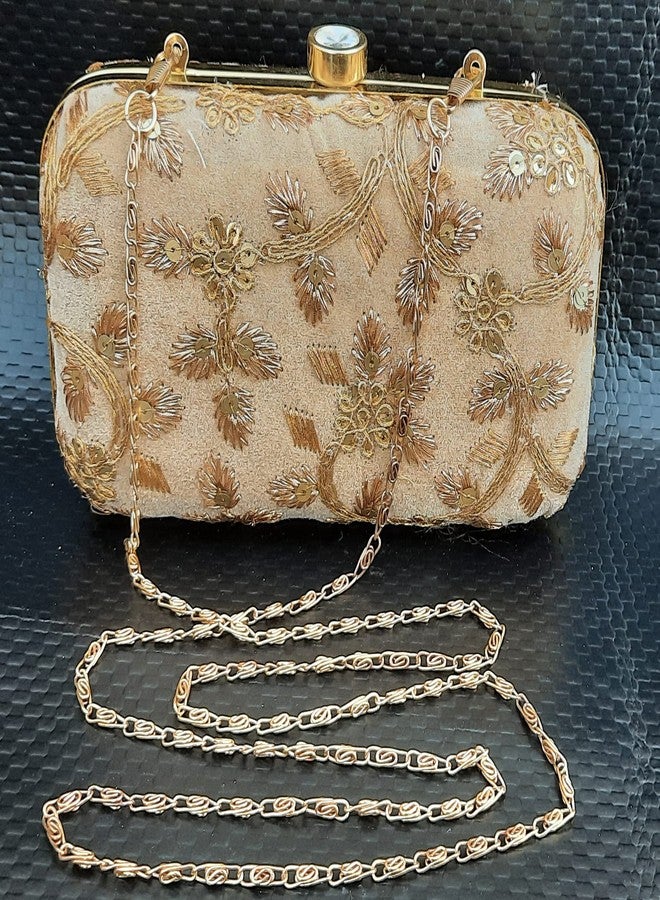 Surva Cart Velvet Fabric Hand Embroidery Women's Clutch With Sling Chain | SBP-27 | Beige - Image 2