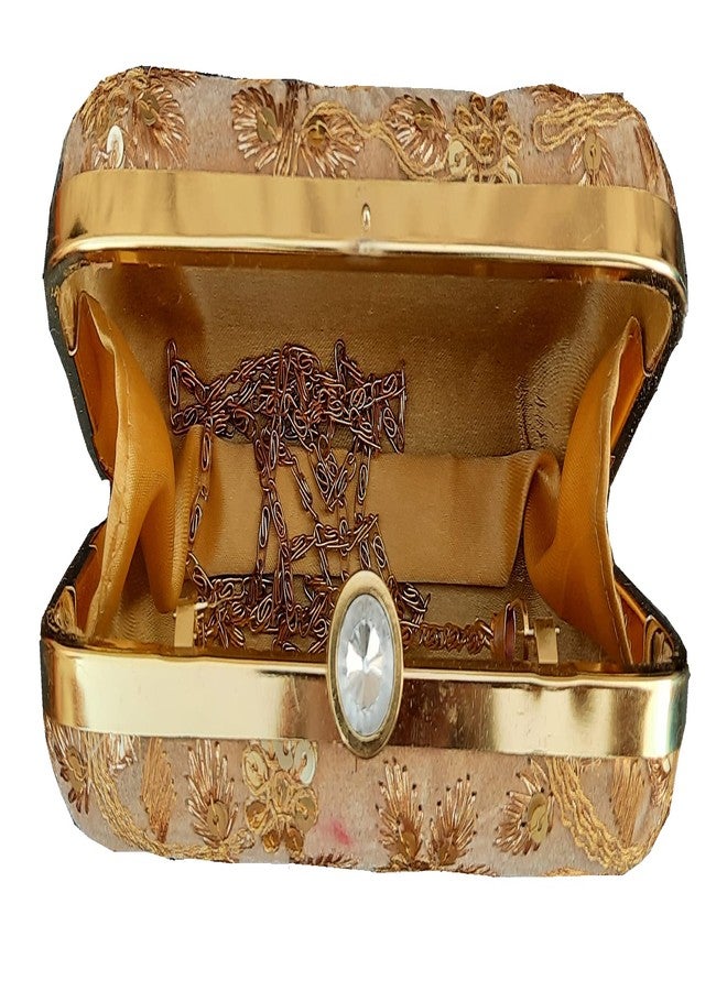 Surva Cart Velvet Fabric Hand Embroidery Women's Clutch With Sling Chain | SBP-27 | Beige - Image 4