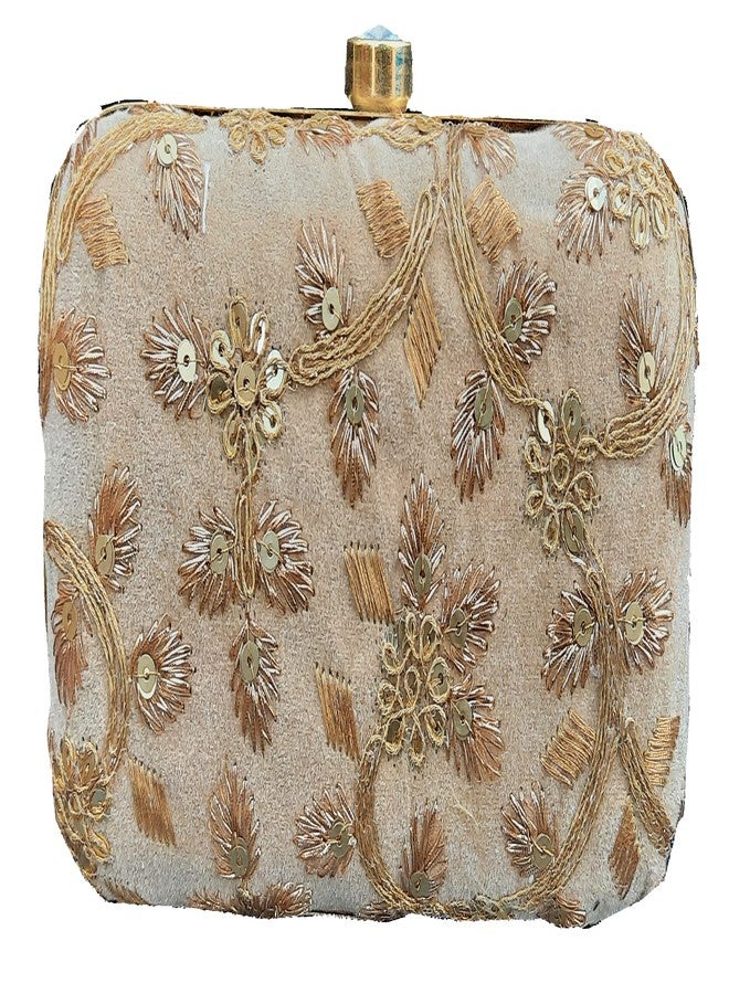 Surva Cart Velvet Fabric Hand Embroidery Women's Clutch With Sling Chain | SBP-27 | Beige - Image 1
