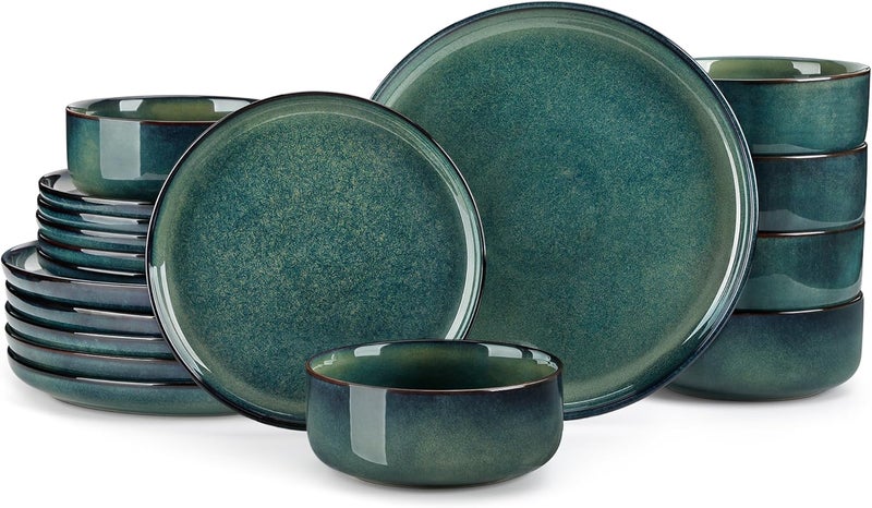 vancasso Starry 18 Pieces Dinnerware Sets for 6 Green Reactive Glaze Dishes Sets Ceramic Plates and Bowls Set Dinner Salad Dessert Plates and Cereal Bowls Set Dishwasher and Microwave Safe - Image 1