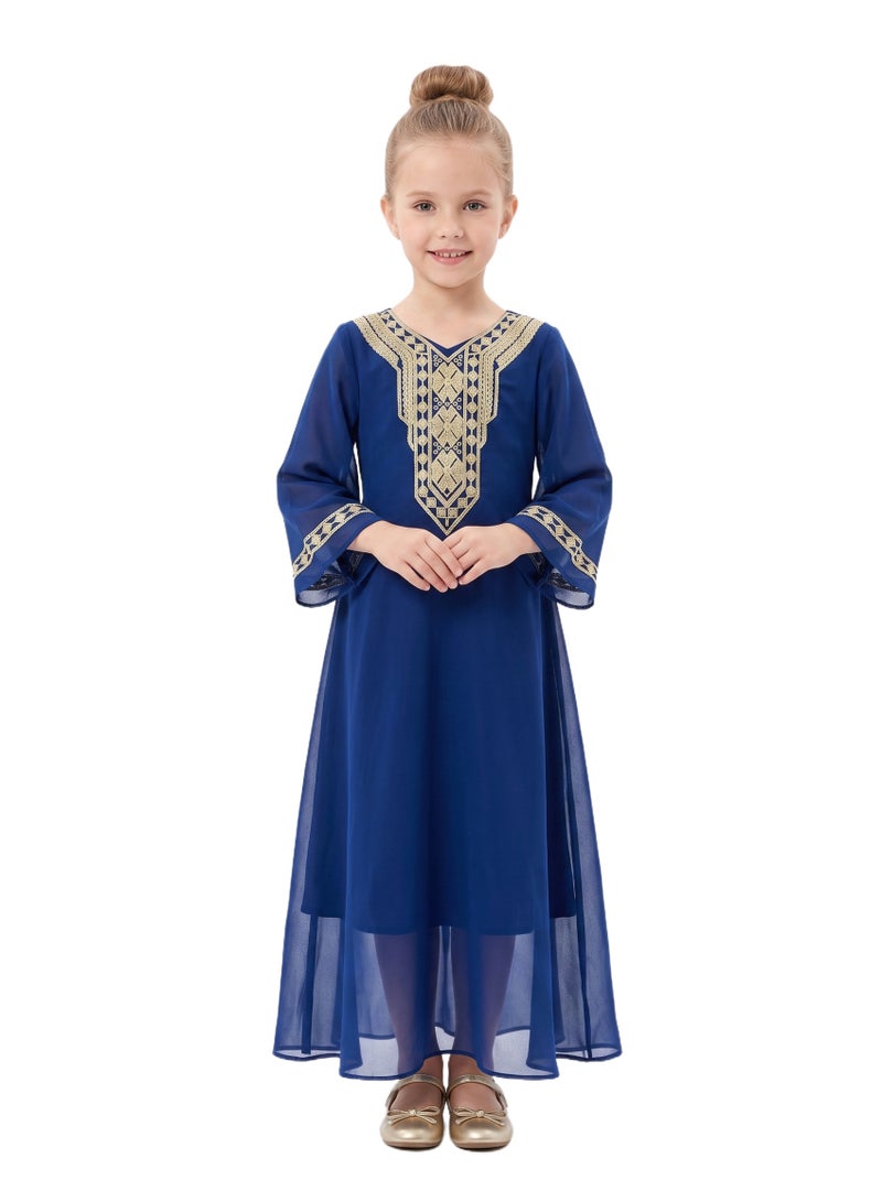 D'Daniela Midnight Blue Modest Gown with Gold Accents - Image 1