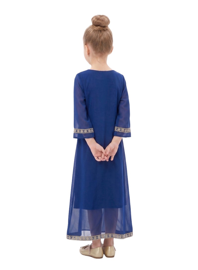 D'Daniela Midnight Blue Modest Gown with Gold Accents - Image 3