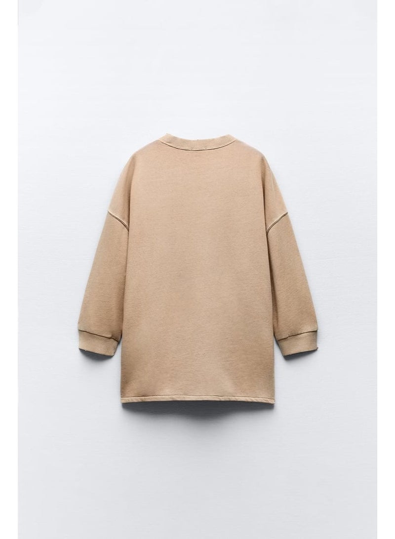 Zara Women's Oversized Drop Shoulder French Terry Sweatshirt – Cotton Blend Casual Comfort Fit Pullover - Image 3