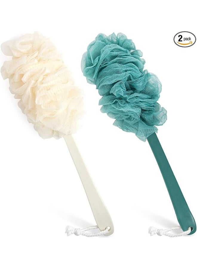 2 Pack Back Scrubber for Shower, Sponge Shower Brush Using Body Exfoliating with Long Handle, Loofah on a Stick for Men Women, Bathing Accessories for Body Brushes (Blue and White) - Image 1