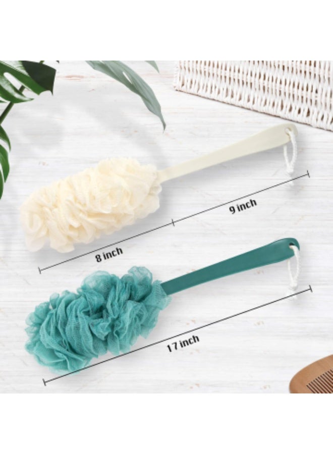 2 Pack Back Scrubber for Shower, Sponge Shower Brush Using Body Exfoliating with Long Handle, Loofah on a Stick for Men Women, Bathing Accessories for Body Brushes (Blue and White) - Image 2