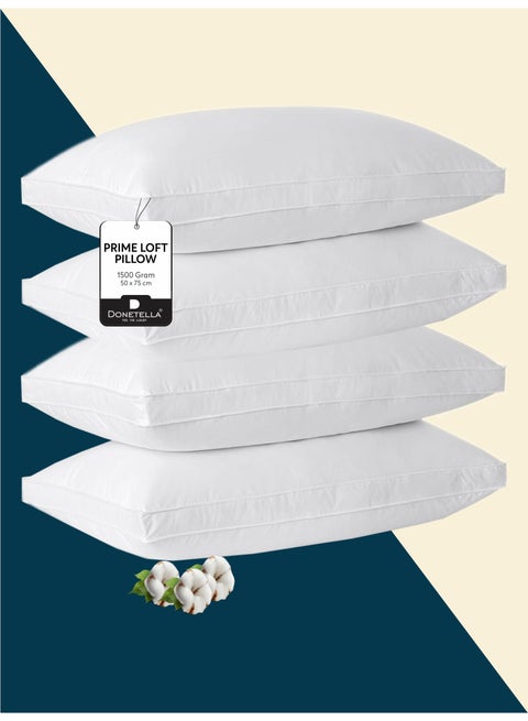 Cotton Pillow 4-Pieces(1500 Gm Each) Sleeping Bed Pillow King Size 50X75 Cm Hotel Style Double Edge Stitched Premium Gel Fiber, Medium Loft, White