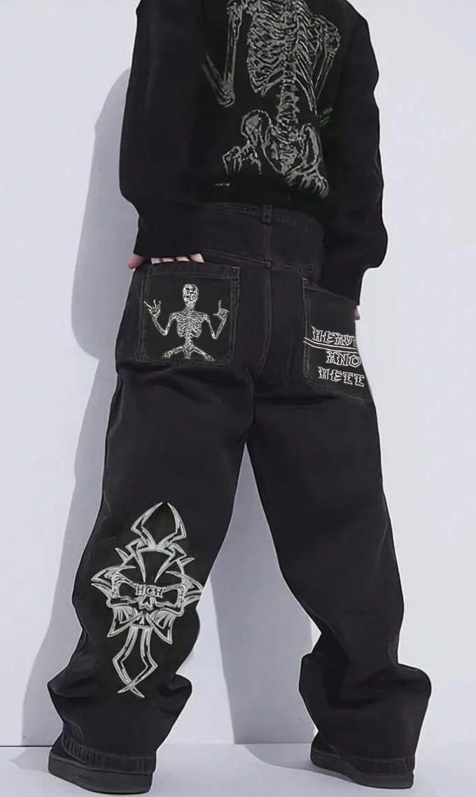 OATSBAS Y2K Beggy Jeans for Women Men Denim Pants Skull Embroidery Gothic Jeans Straight Wide Leg Trouser (Medium,Black-White) - Image 5