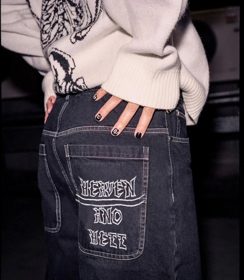 OATSBAS Y2K Beggy Jeans for Women Men Denim Pants Skull Embroidery Gothic Jeans Straight Wide Leg Trouser (Medium,Black-White) - Image 4