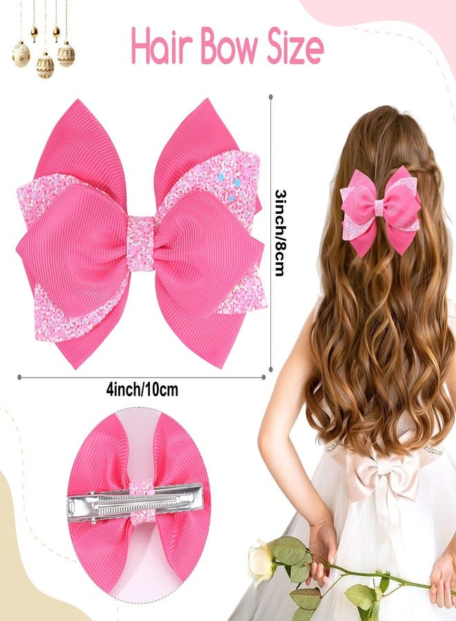 NCMAMA 4 Inch Sparkly Glitter Pink Hair Bow Clips for Girls Boutique Sequin Alligator Barrettes Pins for Teens Toddler Children Kids Grosgrain Hair Accessories for Christmas Halloween Fall Birthday - Image 3