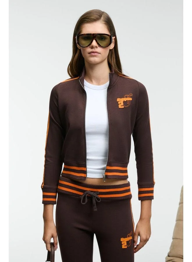 GRIMELANGE TALYSSE Women's Zip-up Straight Collar Hem Cuff Knit Brown Sweatshirt.