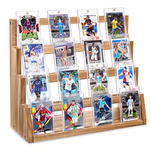 Emfogo Card Display Stand 4Tier Trading Card Display Wooden Graded Sports Card Display Trading Card Display Stand for Card Collection Show Brown - Image 1