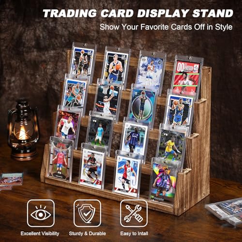 Emfogo Card Display Stand 4Tier Trading Card Display Wooden Graded Sports Card Display Trading Card Display Stand for Card Collection Show Brown - Image 3