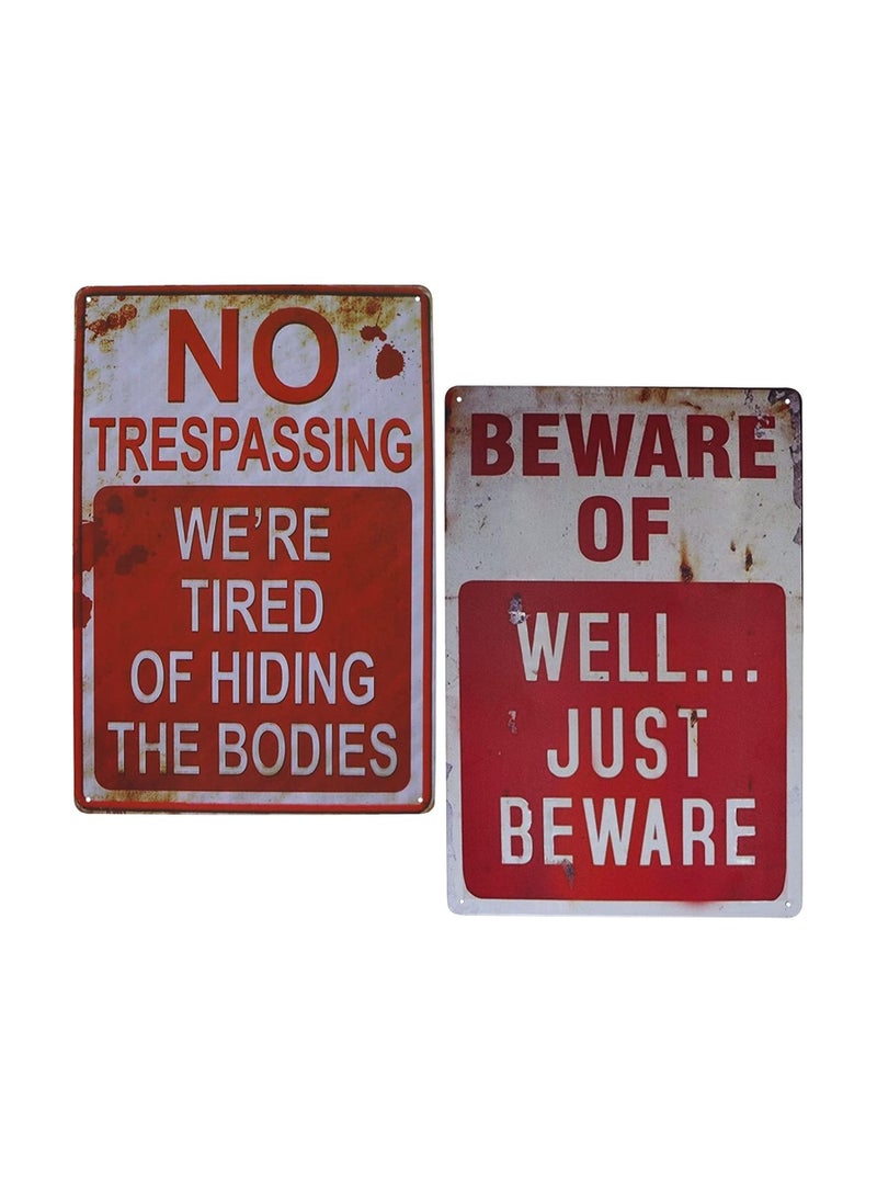 Party with Emma Beware of Well Just Beware & No Trespassing We're Tired of Hiding  Metal Signs Vintage Bar Decor Yard Signs 2 PCS  - Image 1