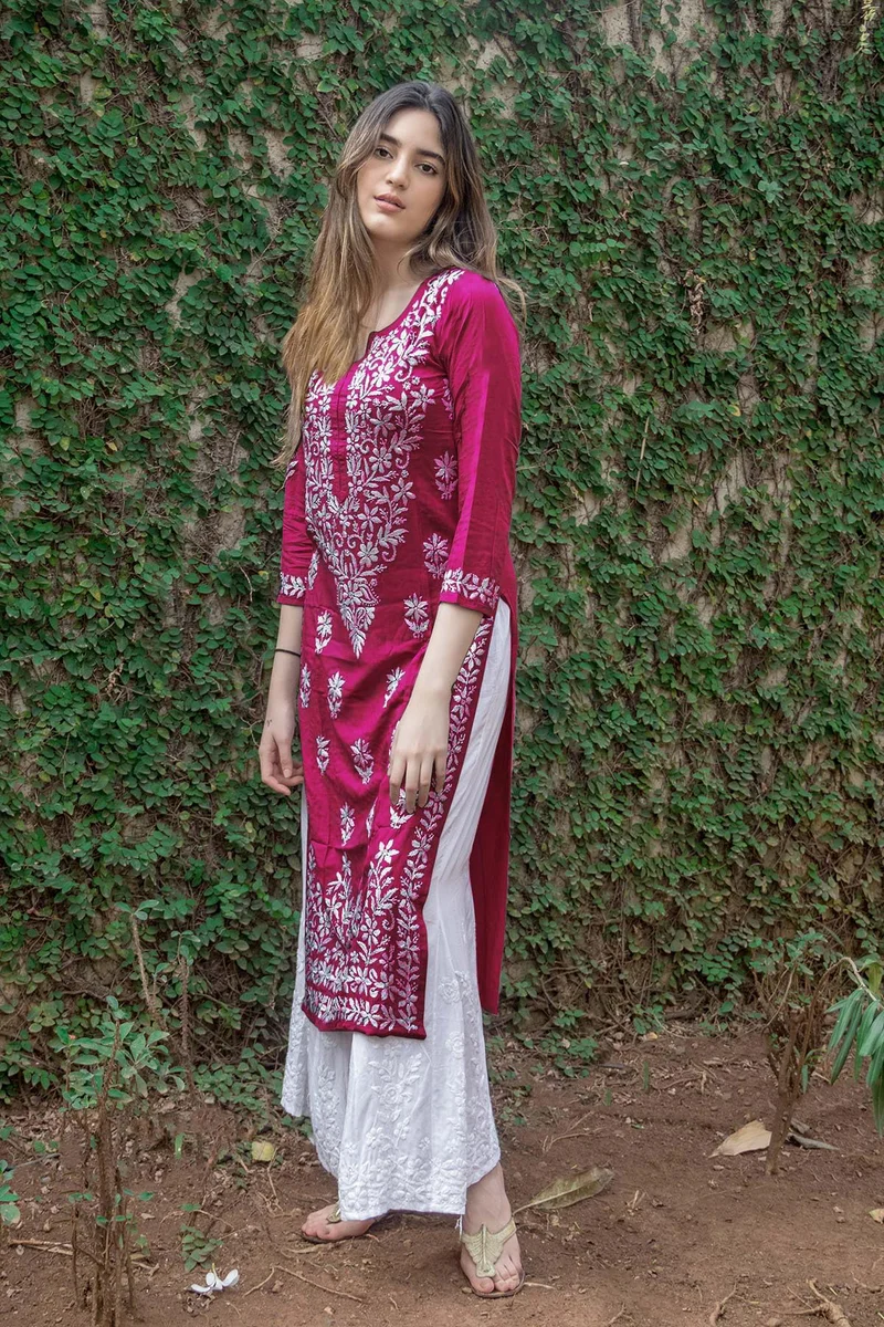 GoSriKi مزيج رايون نسائي مستقيم تشيكانكاري مطرز بلون كورتا وردي