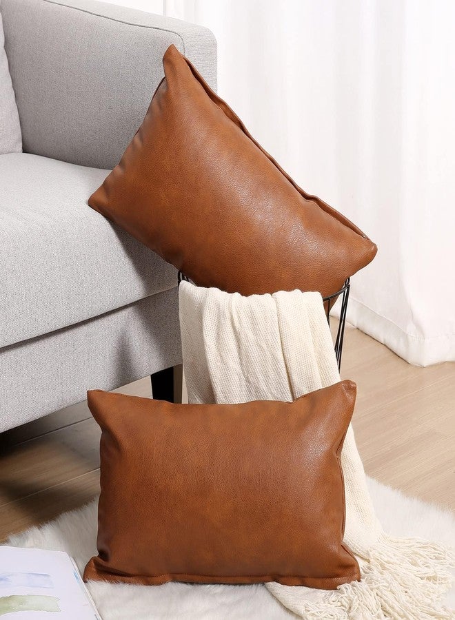 Yaertun Set of 2 Lumbar Faux Leather Decorative Throw Pillow Covers Modern Solid Outdoor Cushion Cases Luxury Pillowcases for Couch Sofa Bed 12x20 Inches Brown - Image 2