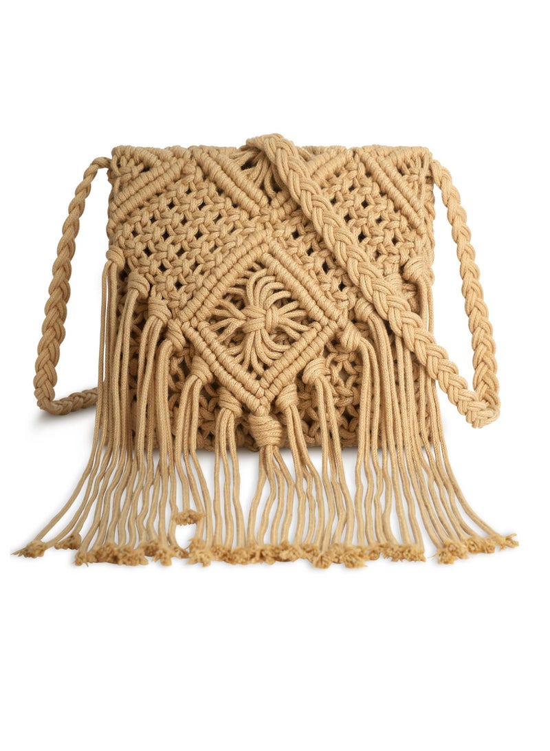 Excefore Straw Crossbody for Women, Straw Handbags, Summer Beach Tasseled Woven Handbags, Casual Woven Beach Bags, Chic Summer Hobo Tote Bags with Shoulder Strap, Khaki  - Image 1