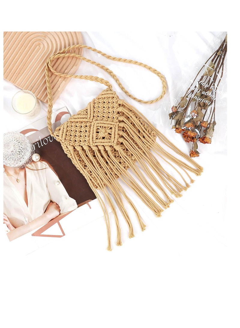 Excefore Straw Crossbody for Women, Straw Handbags, Summer Beach Tasseled Woven Handbags, Casual Woven Beach Bags, Chic Summer Hobo Tote Bags with Shoulder Strap, Khaki  - Image 2