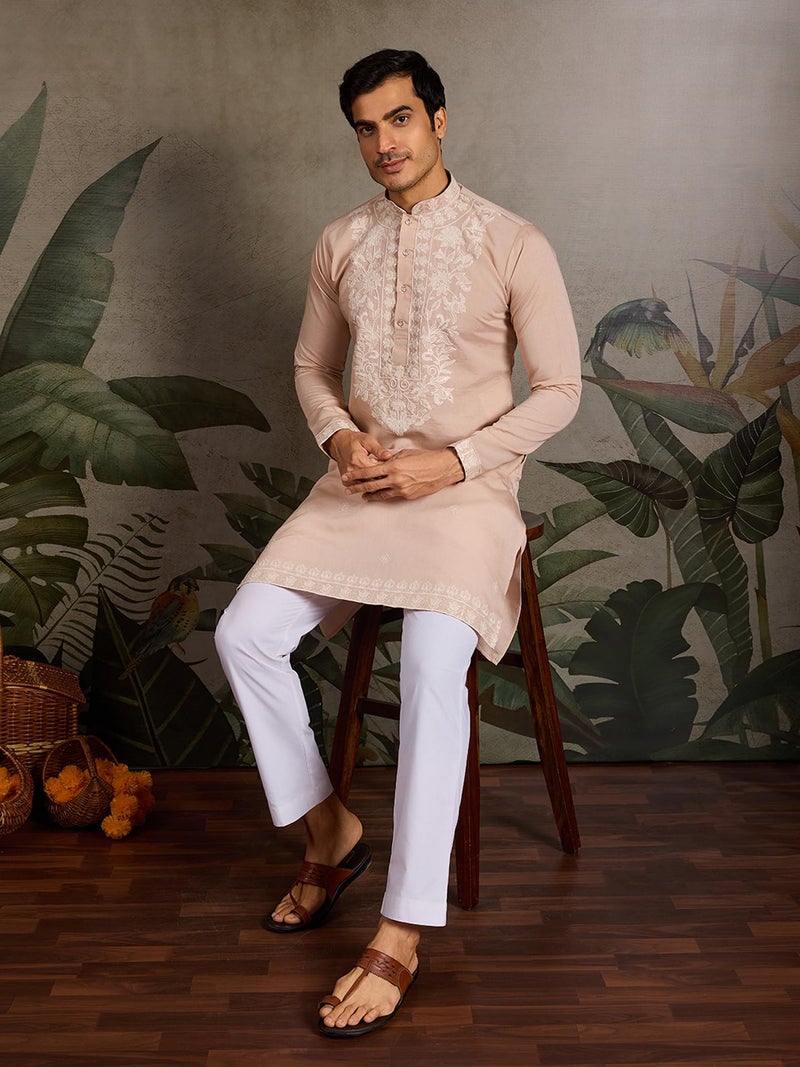 Kalaanj Men's Embroidered Silk Kurta || Only Kurta (KALSS2505MK-Lightpink-XL) - Image 3