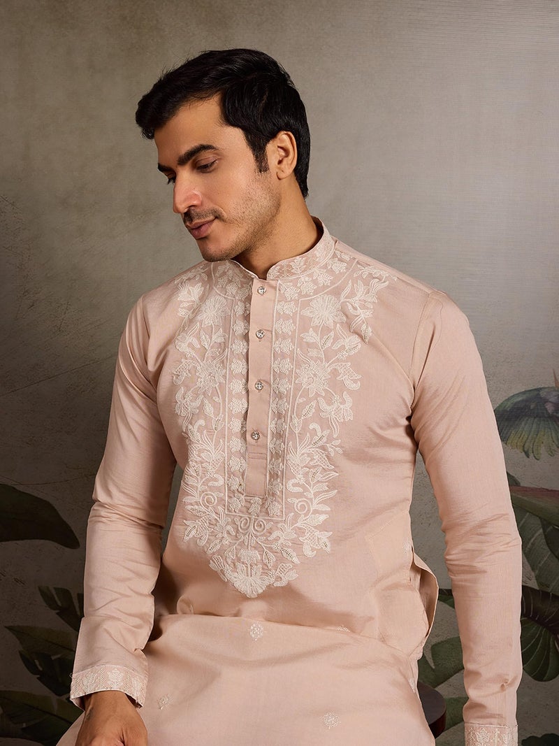 Kalaanj Men's Embroidered Silk Kurta || Only Kurta (KALSS2505MK-Lightpink-XL) - Image 4