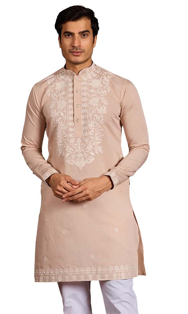 Kalaanj Men's Embroidered Silk Kurta || Only Kurta (KALSS2505MK-Lightpink-XL) - Image 1