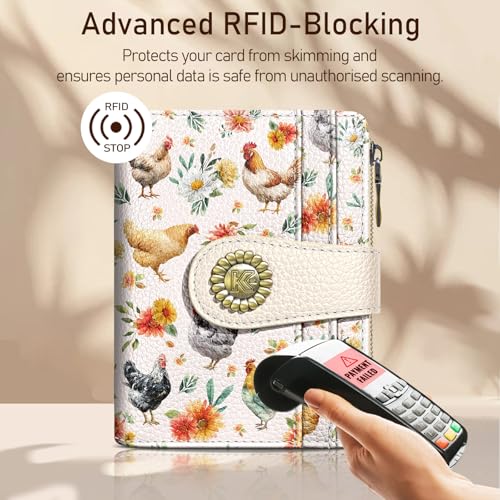 Kelvoris Roosters Chicken Small Rfid Women Wallet Bifold Zipper Coin Pocket PU Leather Compact Cash Credit Card Holder Travel Wallet for Female Ladies Teen Girls 1 ID Window 10 Card Slots - Image 3