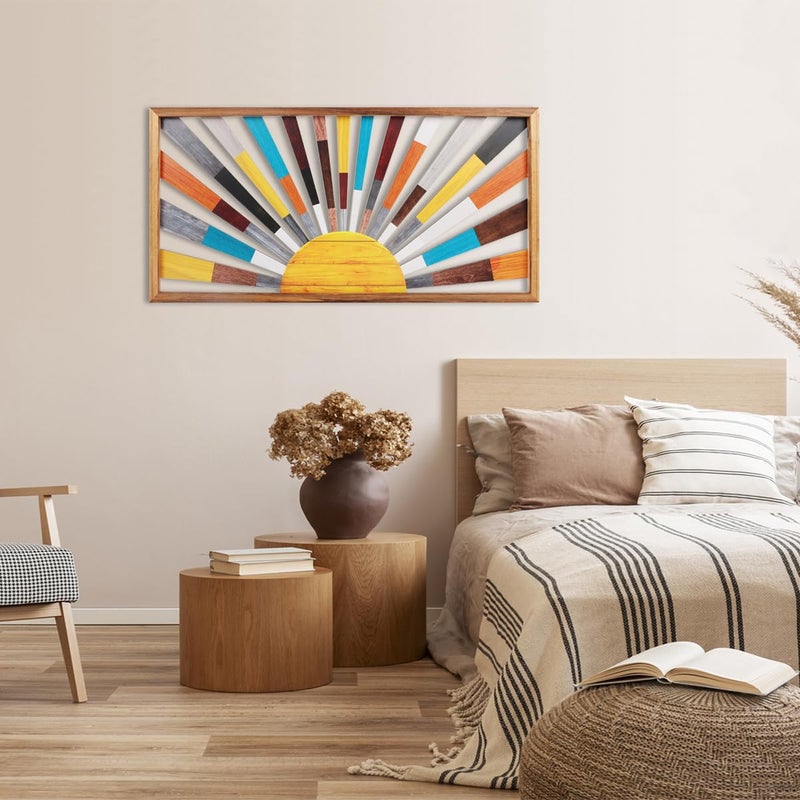 IARTTOP Large Boho Sun Wall Art Framed Wooden Art Wall Decor Rainbow Sun Rising On The Horizon Geometric Line Sunshine Wall Art for Living Room Bedroom Office 16"x32" - Image 4