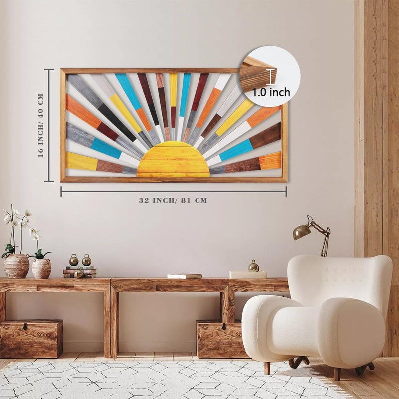 IARTTOP Large Boho Sun Wall Art Framed Wooden Art Wall Decor Rainbow Sun Rising On The Horizon Geometric Line Sunshine Wall Art for Living Room Bedroom Office 16"x32" - Image 2