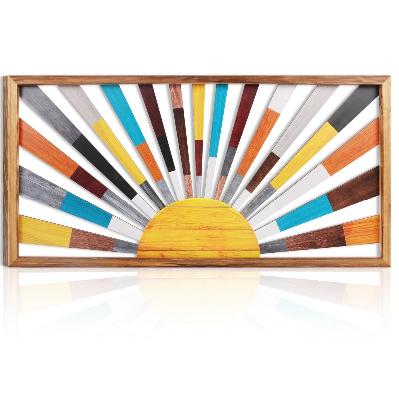 IARTTOP Large Boho Sun Wall Art Framed Wooden Art Wall Decor Rainbow Sun Rising On The Horizon Geometric Line Sunshine Wall Art for Living Room Bedroom Office 16"x32" - Image 1