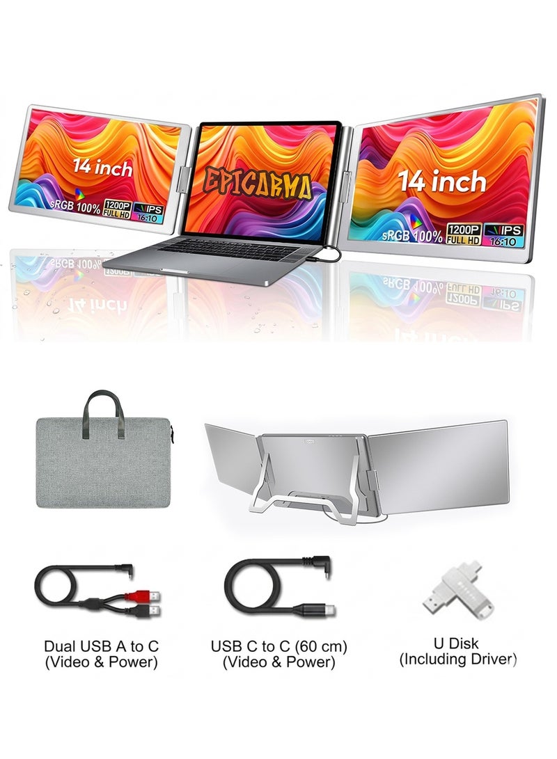 epicarma Portable Tri Screen Monitor 14 Inch 1080p IPS 100% sRGB Triple Laptop Screen Extender USB C Type C 360 Adjustable Foldable Display Compatible with M1 M2 M3 M4 Mac Windows with 4GB USB Driver - Image 1