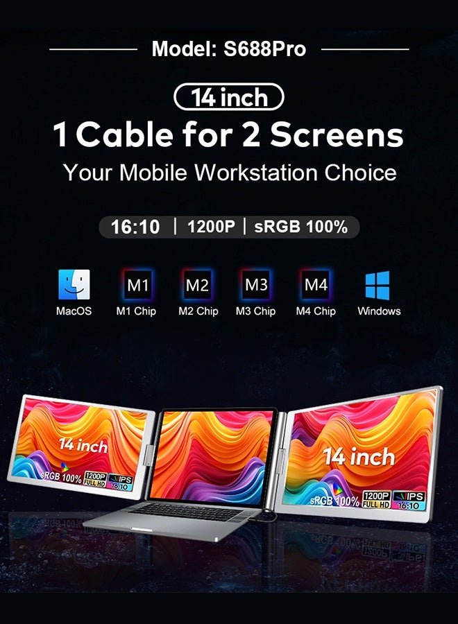 epicarma Portable Tri Screen Monitor 14 Inch 1080p IPS 100% sRGB Triple Laptop Screen Extender USB C Type C 360 Adjustable Foldable Display Compatible with M1 M2 M3 M4 Mac Windows with 4GB USB Driver - Image 2