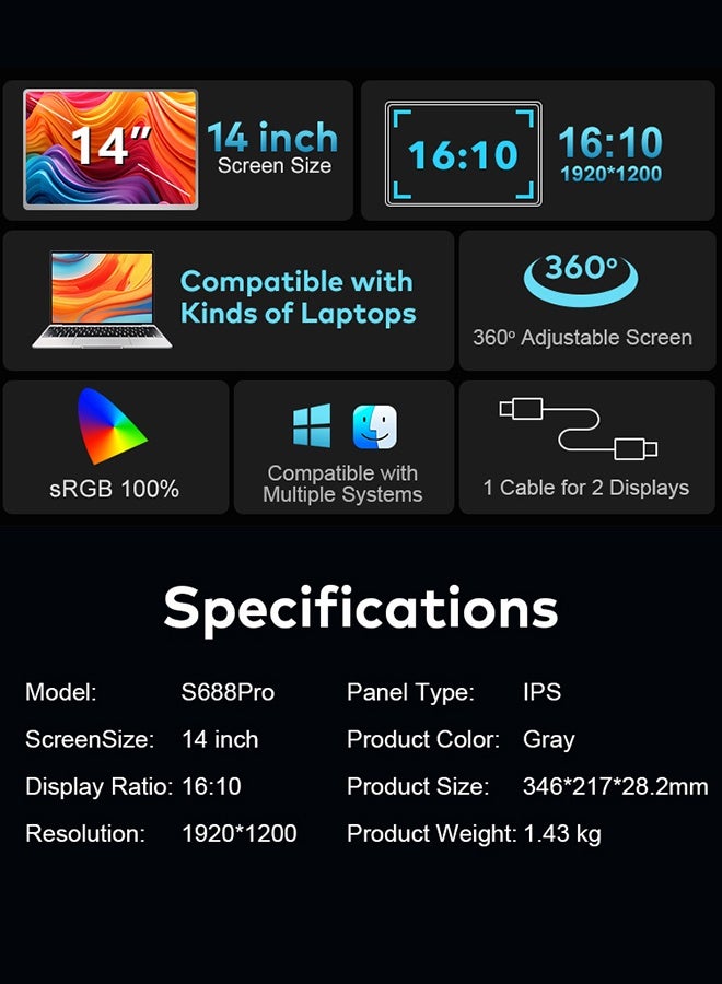 epicarma Portable Tri Screen Monitor 14 Inch 1080p IPS 100% sRGB Triple Laptop Screen Extender USB C Type C 360 Adjustable Foldable Display Compatible with M1 M2 M3 M4 Mac Windows with 4GB USB Driver - Image 4
