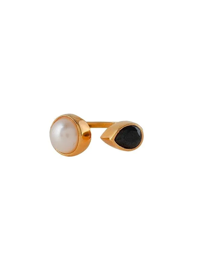 VOYLLA Mother's Day Open Half Pearl With Black Pear Shaped Cz Ring